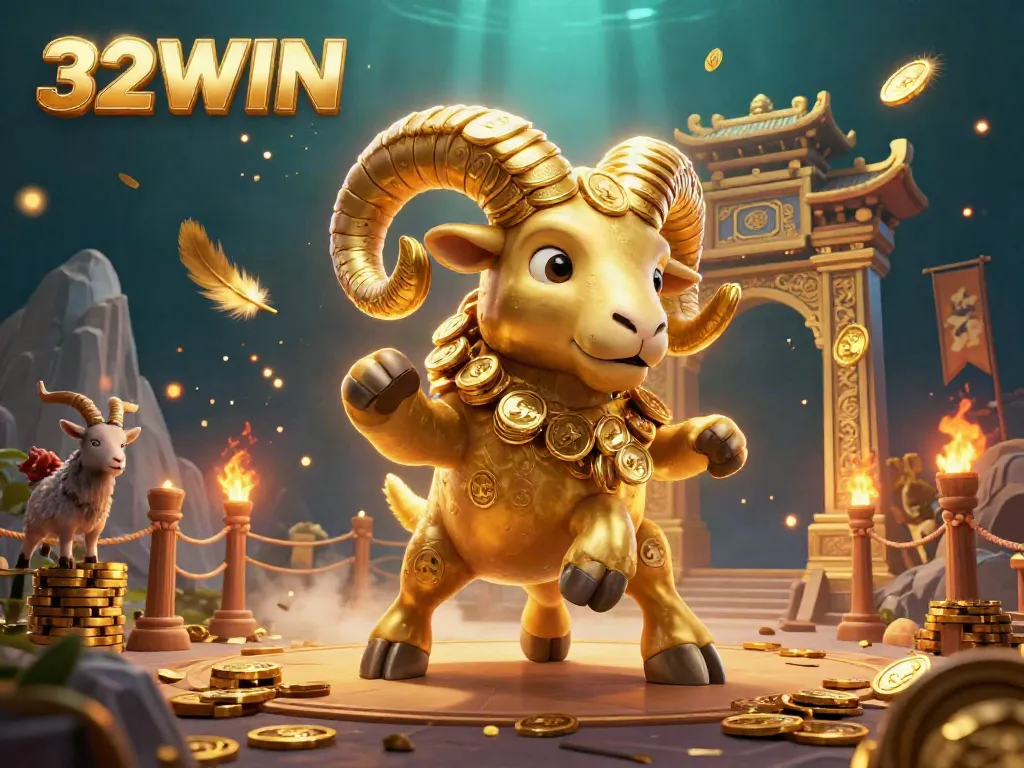 Experience the thrill of 32WIN with a dynamic scene of a golden ram charging through a vibrant gambling arena.