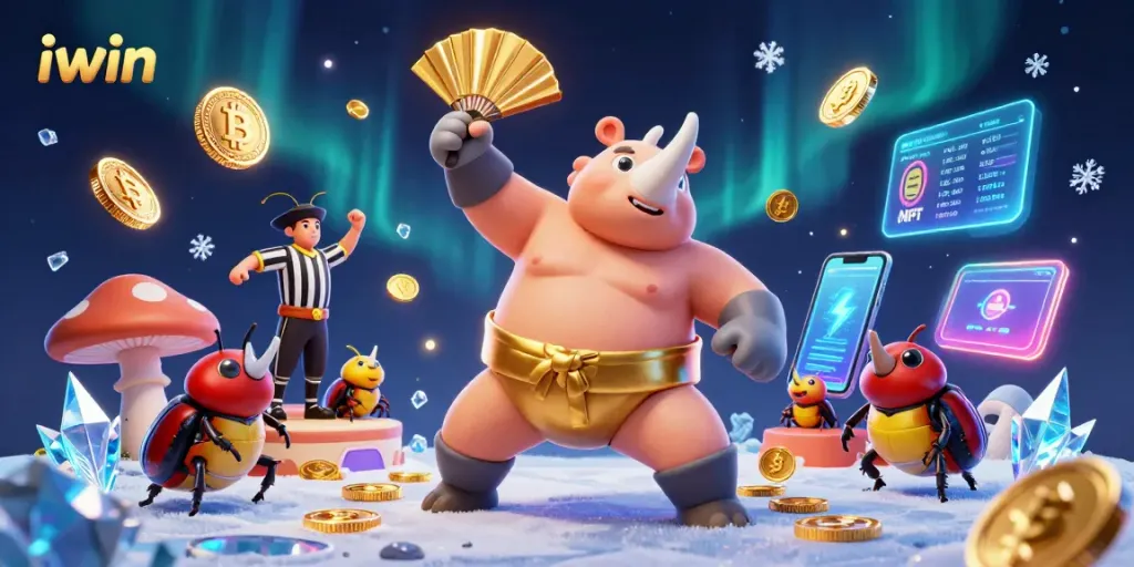 iwin showcases thrilling casino action with a powerful rhinoceros beetle champion and vibrant elements.
