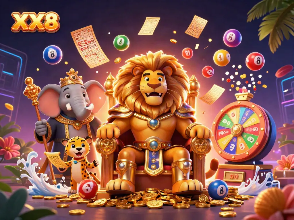 Experience the thrill of XX8 casino with vibrant lottery elements and engaging animal characters.