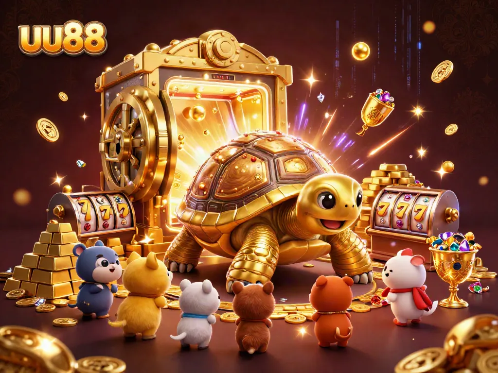 Engage with epic games at uu88 featuring a colossal golden tortoise as a pinball machine amidst treasure and excitement.