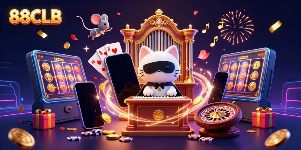 Experience fun gaming moments at 88CLB with a vibrant illustration of characters and casino elements.