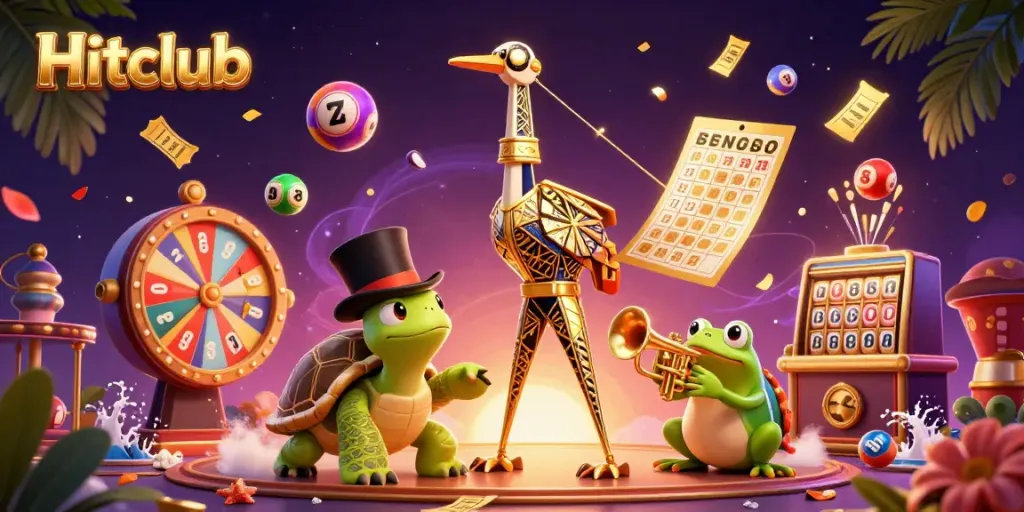 Hitclub offers vibrant gameplay with colorful lottery elements in a dynamic casino scene.