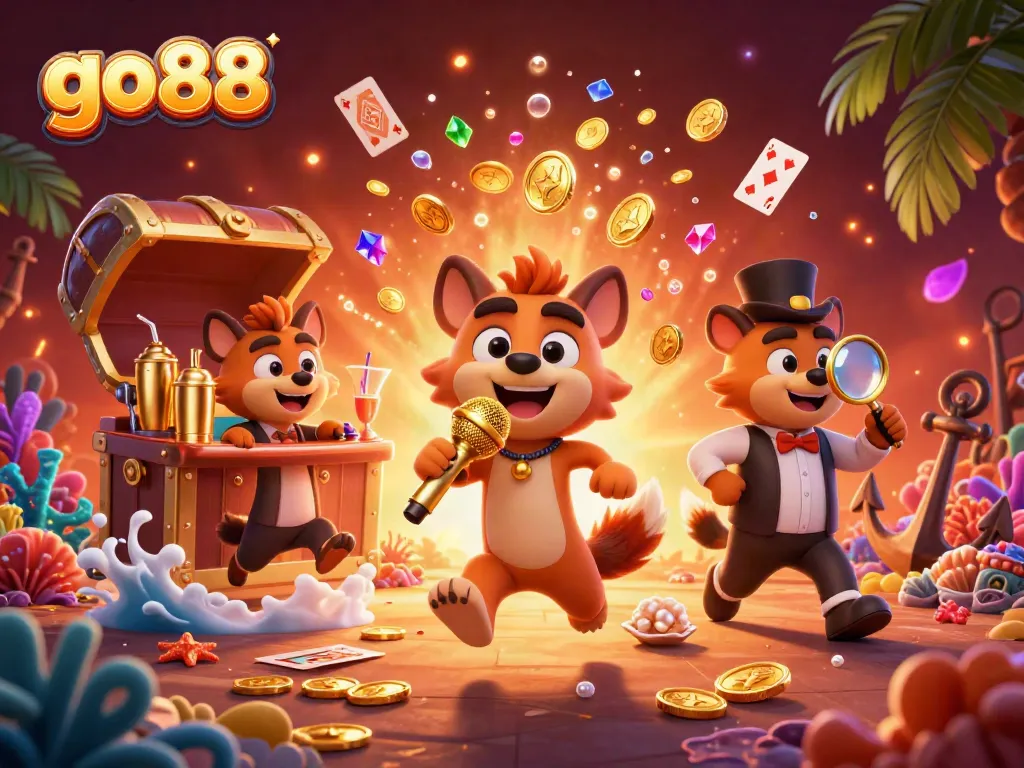 Join the fun at go88, a vibrant comedy casino scene with hyenas entertaining and mixing exotic drinks.