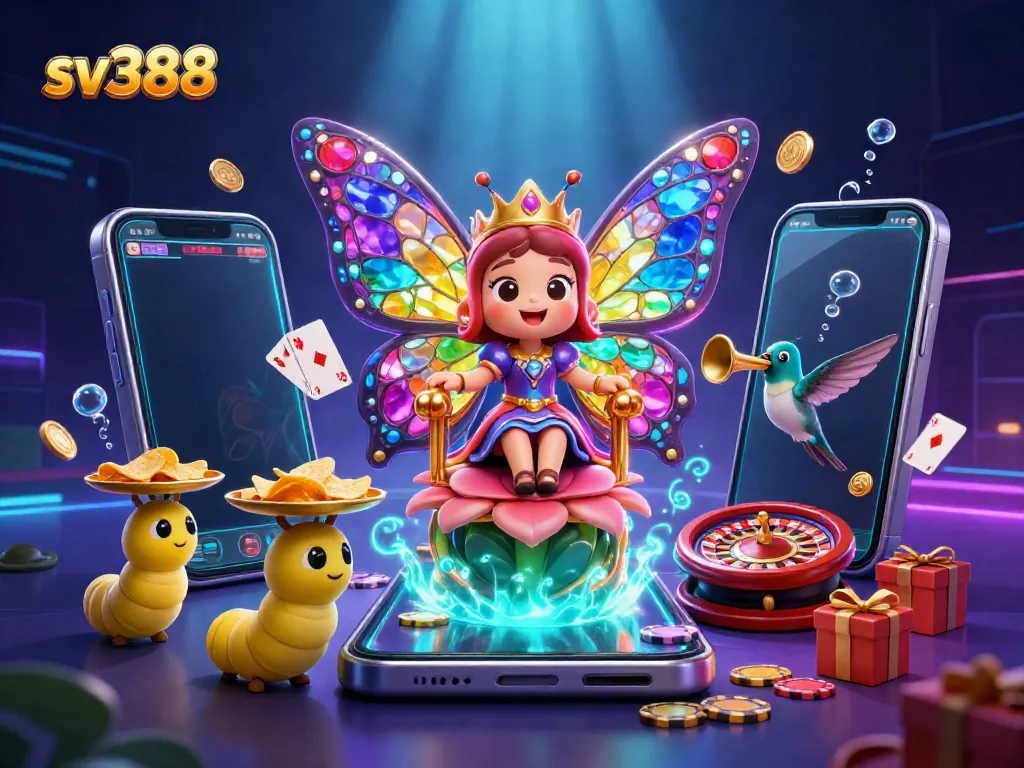 Experience sv388 with a vibrant 3D illustration of a butterfly queen and casino elements.