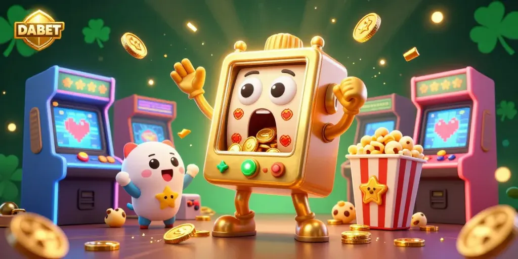 DABET slot machine hits jackpot, surrounded by cheering smaller machines and colorful game elements.