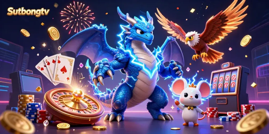Experience thrilling gameplay with Sutbongtv's live sports streaming featuring vibrant characters and dynamic casino elements.