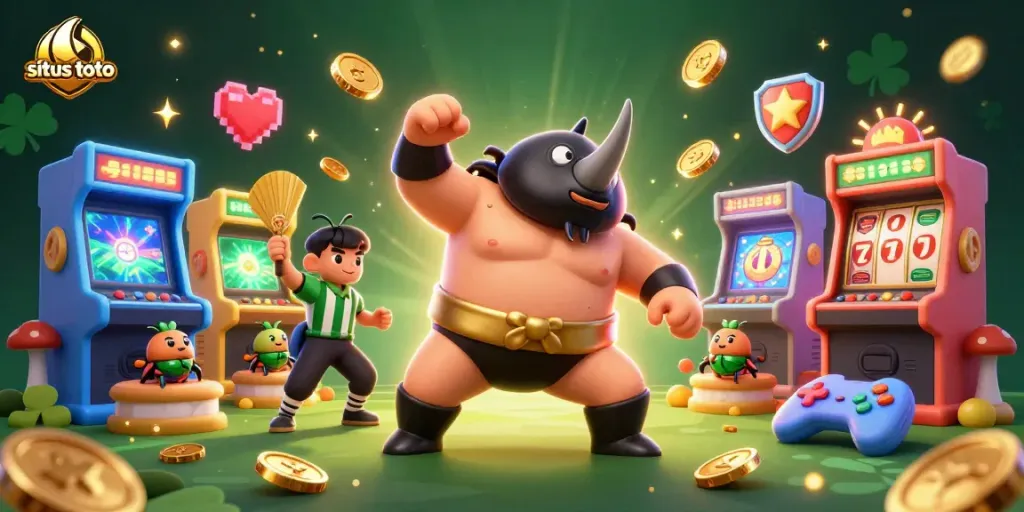 Situs toto showcases a vibrant gaming scene with a beetle champion, flying coins, and dynamic arcade elements.