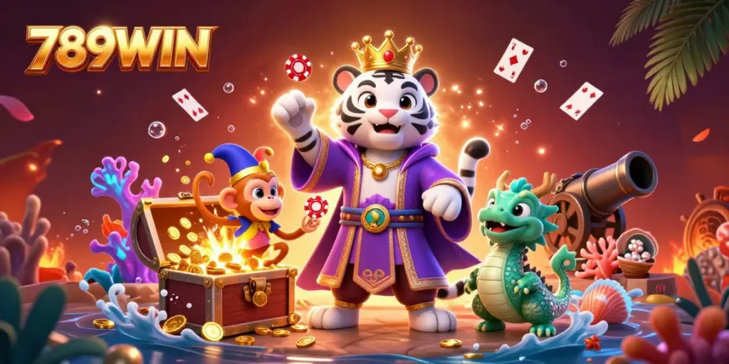 Experience the enchanting world of 789WIN with a vibrant scene featuring a white tiger, monkey and jade dragon amidst colorful gems and underwater treasures.