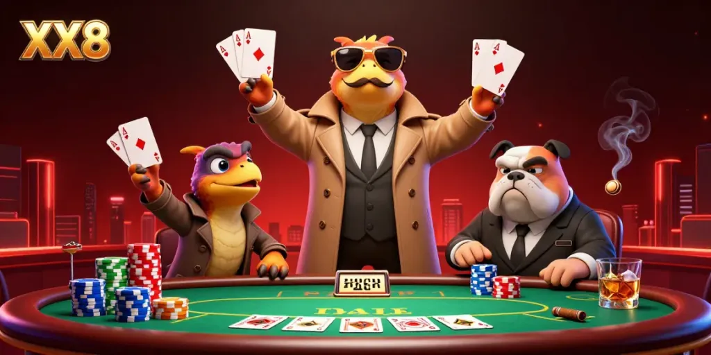 Three raptors in trench coat humorously attempting to enter a VIP area at a casino, showcasing a playful scene.