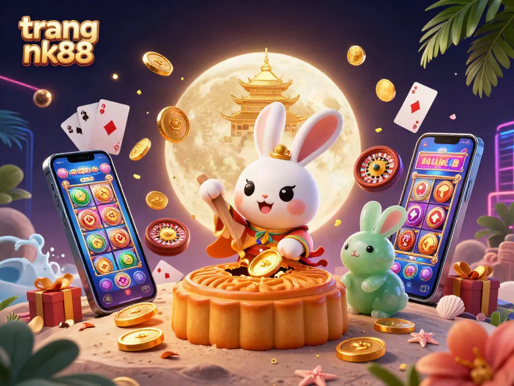 Play at trang nk88 with vibrant casino elements, including poker chips, slot games, and a festive atmosphere.
