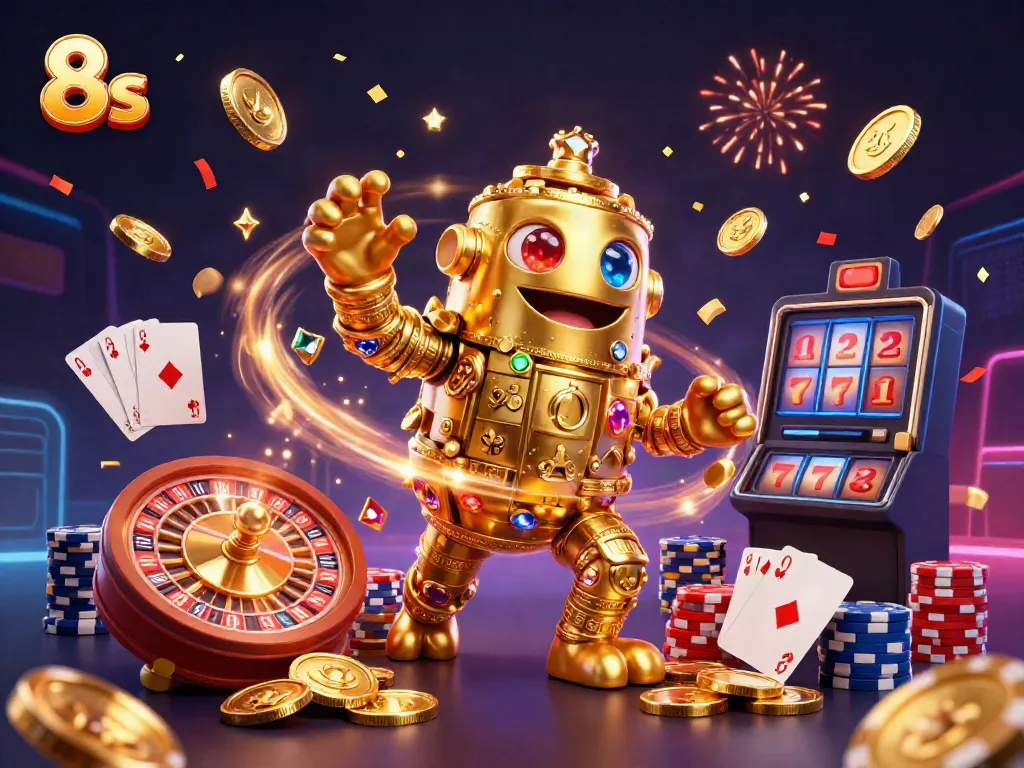 Engaging 8s casino illustration showcasing a golden golem amidst sparkling coins and a roulette wheel.