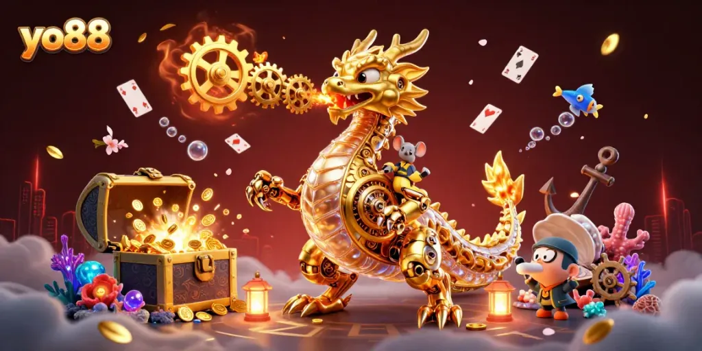 Experience exciting gameplay at yo88 with a dragon and treasure in an immersive underwater adventure.