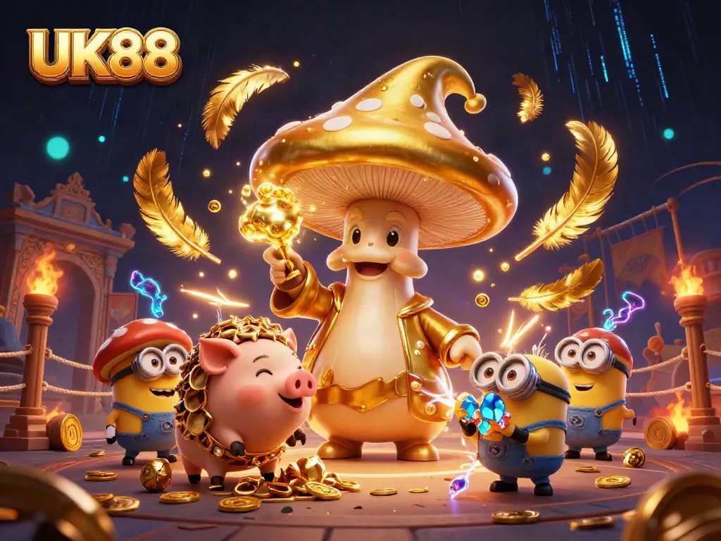 Engage in thrilling gambling adventures with the magical UK88 illustrated scene of a wizard and treasure-seeking creatures.