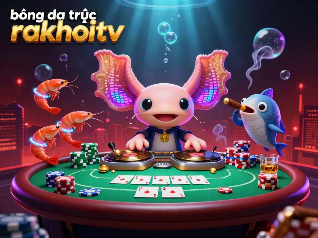 Bóng đá trực tuyến rakhoitv showcases an axolotl DJ surrounded by vibrant gambling elements in an energetic underwater scene.