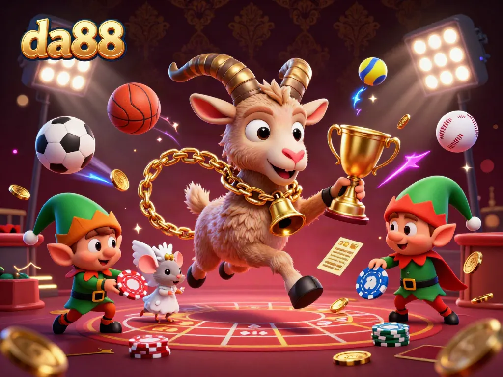 da88 casino scene with a Krampus goat, angel mouse, and naughty elf gremlins in a festive gambling setting.