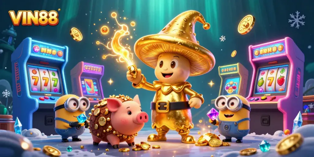 Win at VIN88 with a magical casino scene featuring a golden wizard and treasures.