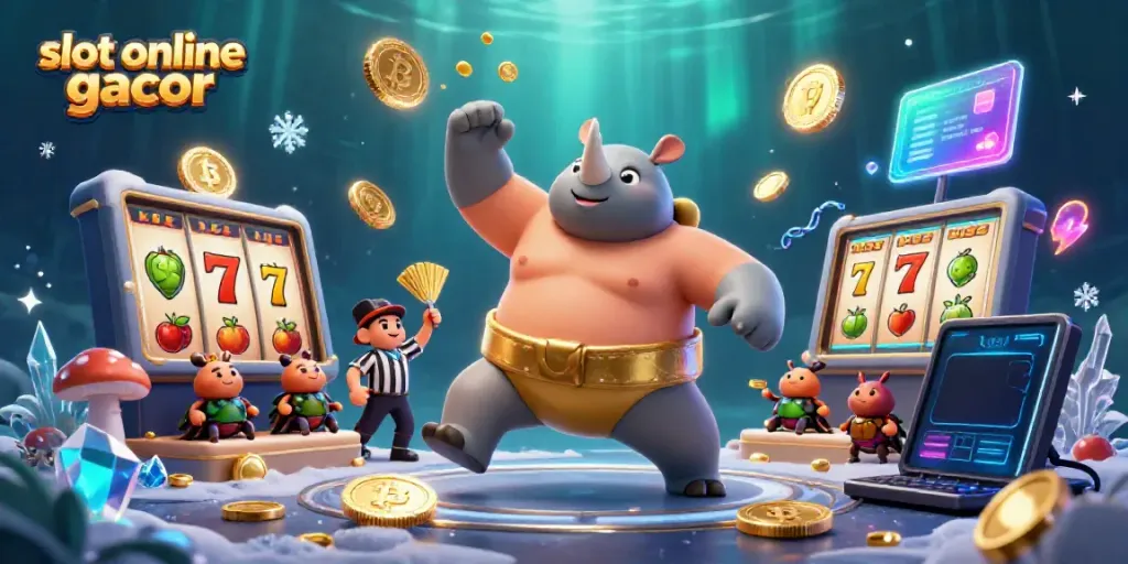 Gambar dinamis slot online gacor dengan juara sumo kumbang rinoceros dan koin emas yang terbang.