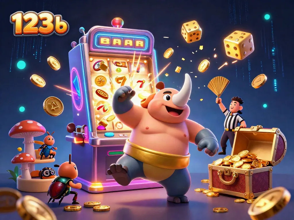 Engage in thrilling action at 123 b with a rhinoceros beetle sumo champion amidst a vibrant casino scene.