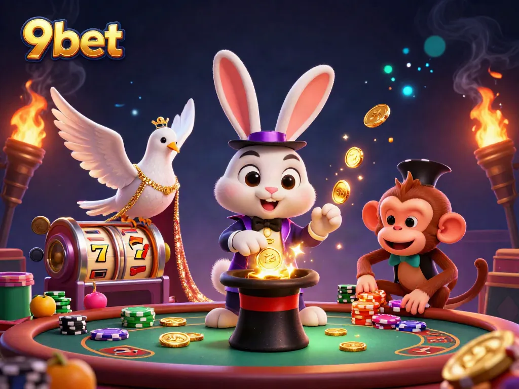 Engage in thrilling 9bet casino action with a magician rabbit, dove assistant, and monkey among slot reels.