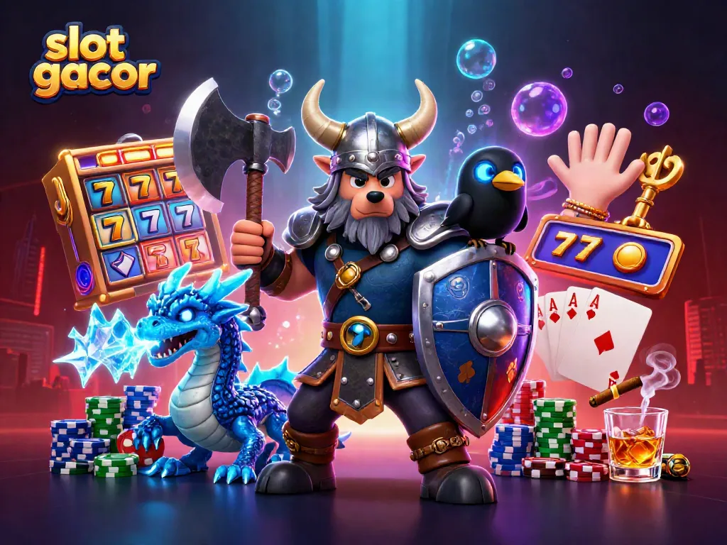 Engage with exciting slot gacor action featuring a Viking wolf warrior, small dragon, and cartoon raven amidst vibrant spinning reels and slot elements.