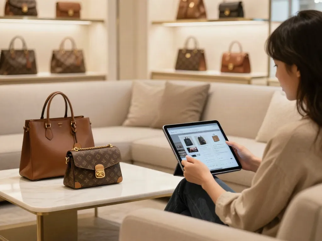 Online shopping for premium replica bags in a cozy home setting.