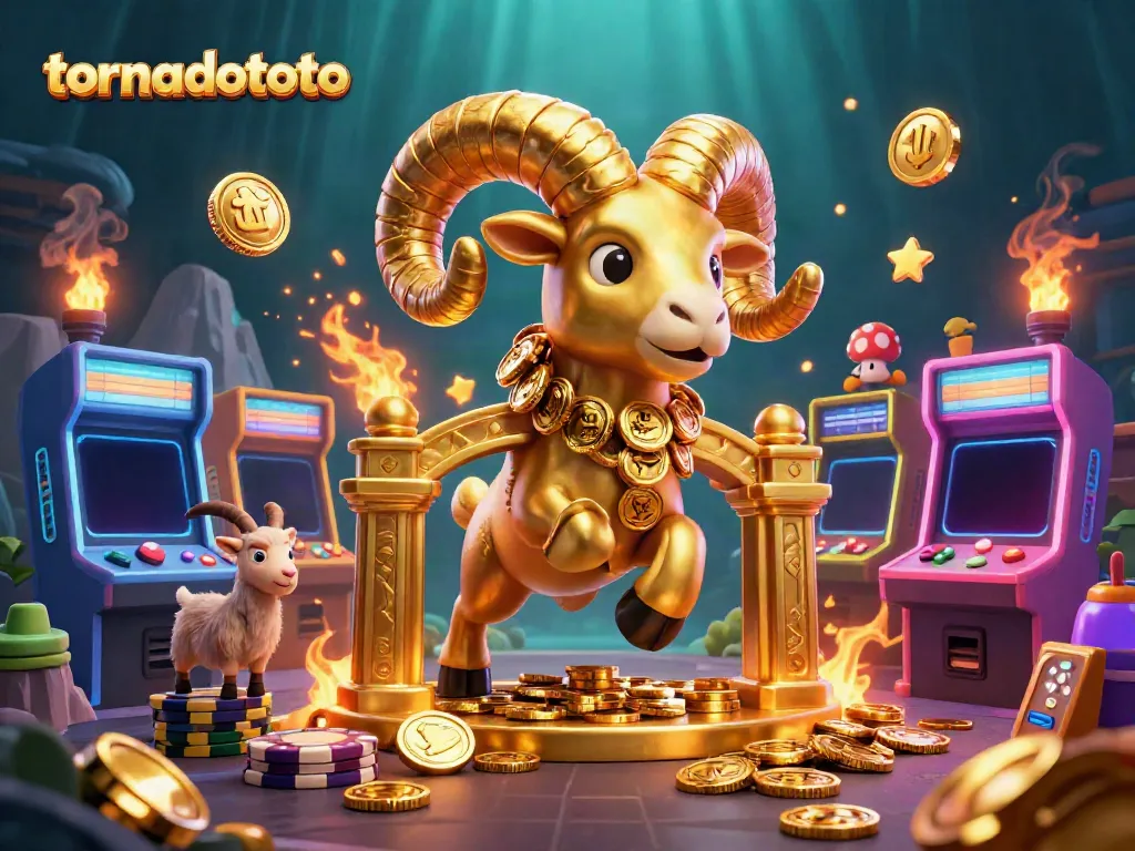 Experience the tornadototo excitement with a golden ram charging through an arcade-inspired casino scene.