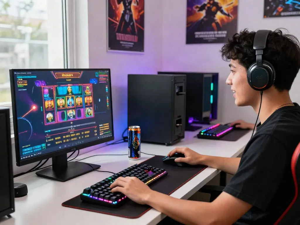 Exciting player engaging with slot gacor gampang menang in a vibrant gaming setup.
