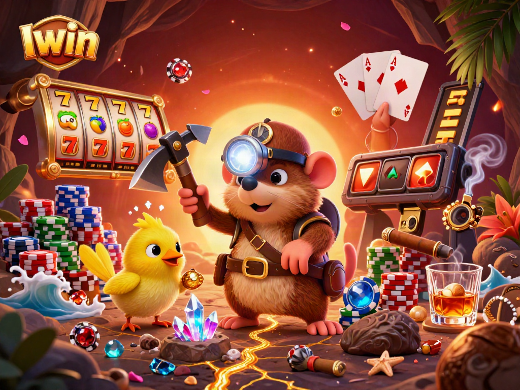 Iwin casino illustration showing a treasure hunter mole and golden slot reels in a dynamic scene.