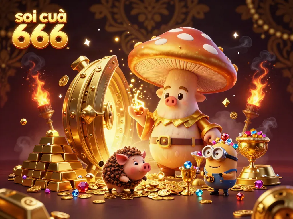 Experience the captivating magic of soi cầu 666 as golden treasures shimmer amidst enchanting characters in a dynamic casino scene.