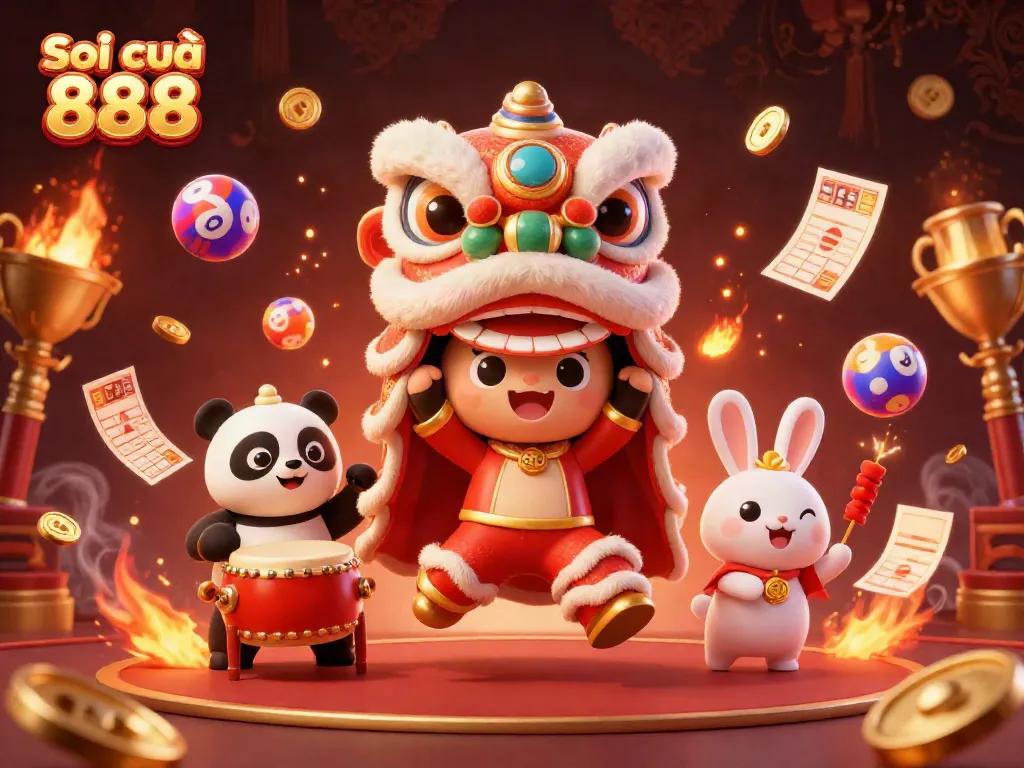Soi cầu 888 reveals festive lottery fun with charming characters amid vibrant gambling elements.