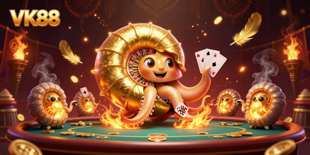 Engage with VK88 in a vibrant 3D illustration showcasing a dynamic casino scene filled with action.