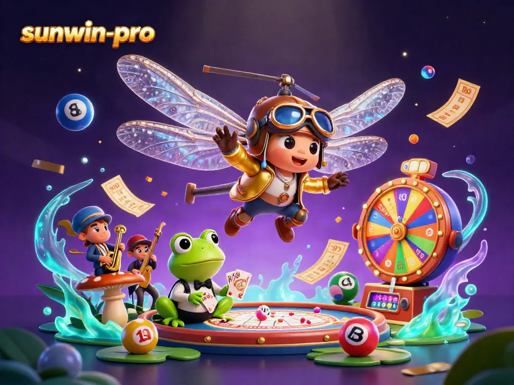 Experience the excitement of sunwin-pro with vibrant gaming elements in a thrilling cartoon scene.