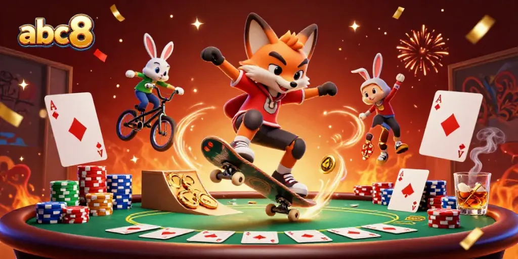 Experience the thrill of abc8 with a dynamic casino-themed illustration featuring vibrant characters.