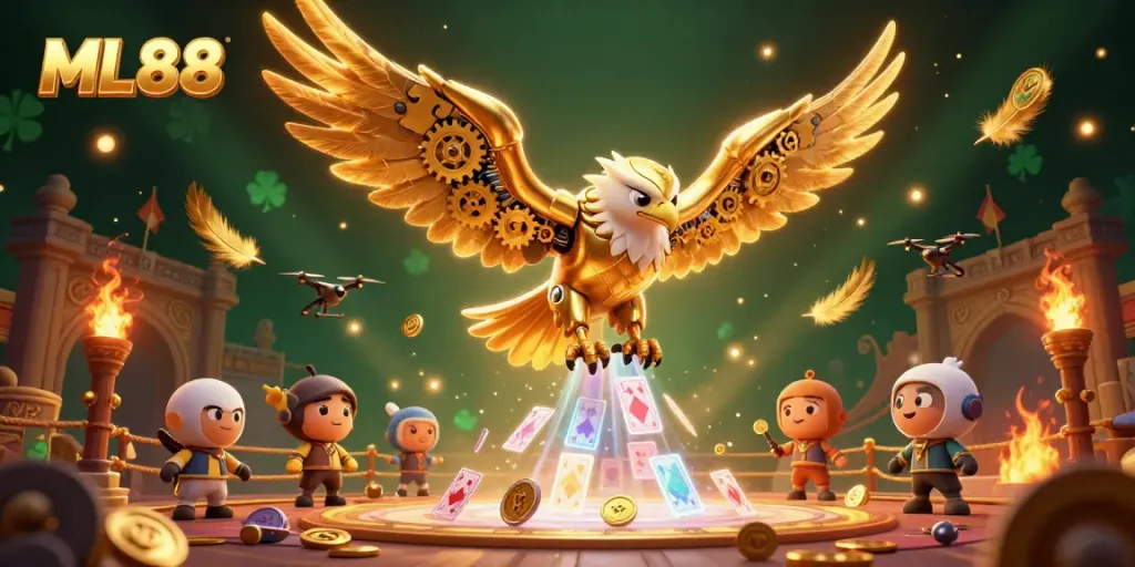 A 3D illustration showcasing the ML88 eagle character diving through holographic cards with dramatic casino elements.