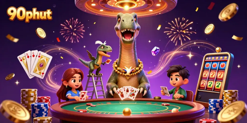 Experience the thrill of gambling with 90phut in a vibrant casino scene featuring dinosaurs and casino elements.