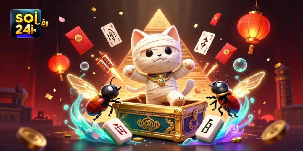 Soi cầu 24h image showcasing a cartoon mummy cat and scarab beetle in a vibrant casino, symbolizing thrilling gambling.