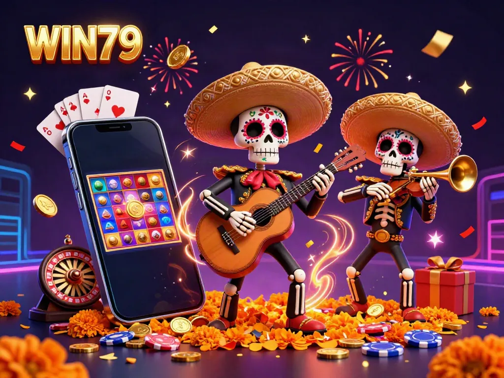 Engage with the vibrant atmosphere of WIN79 through a colorful mariachi band illustration set in a dynamic casino scene.