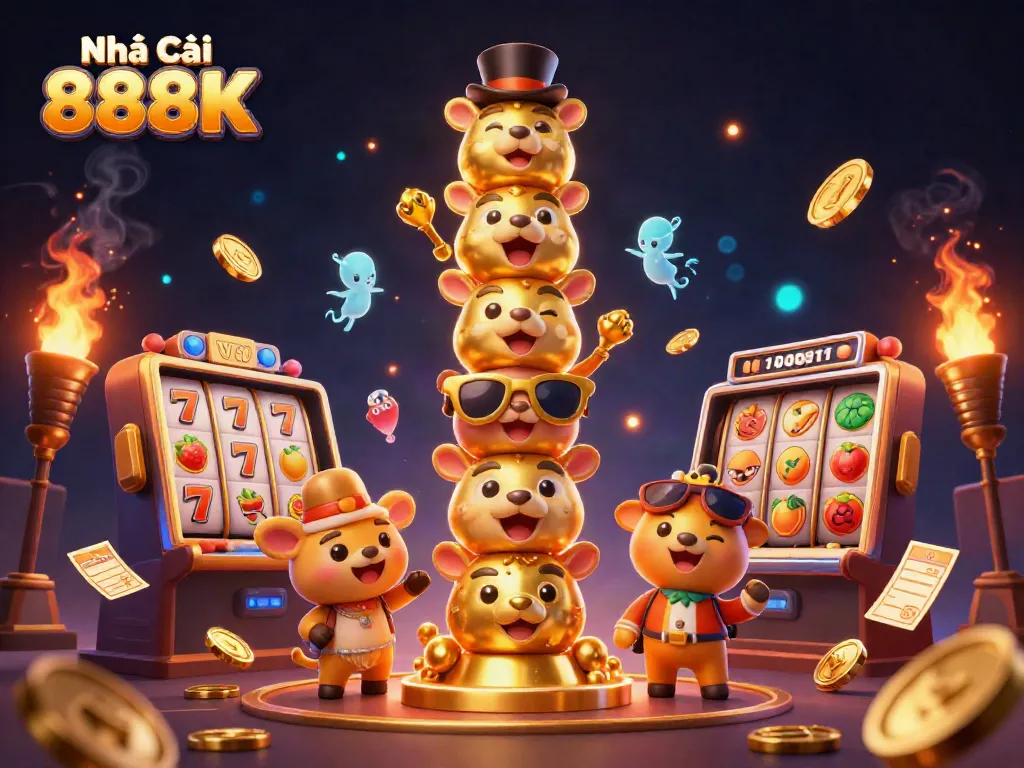 Experience excitement at Nhà Cái 888K with vibrant slots, gold coins, and winning opportunities in dynamic illustration.