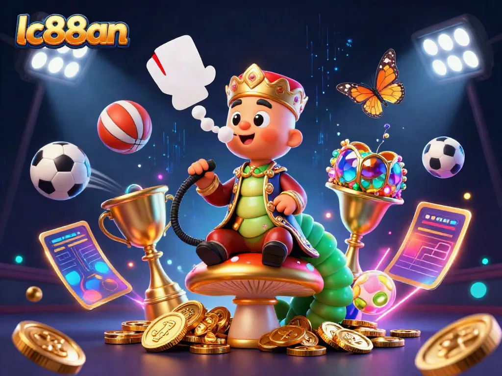 Experience exciting games with lc88an's vibrant 3D casino illustration featuring energetic characters and dynamic game elements.