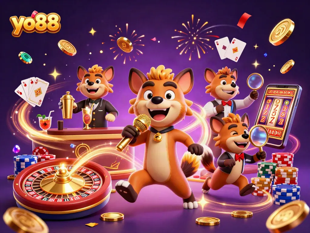 Experience the excitement of yo88 with dynamic hyena characters in a vibrant casino scene.