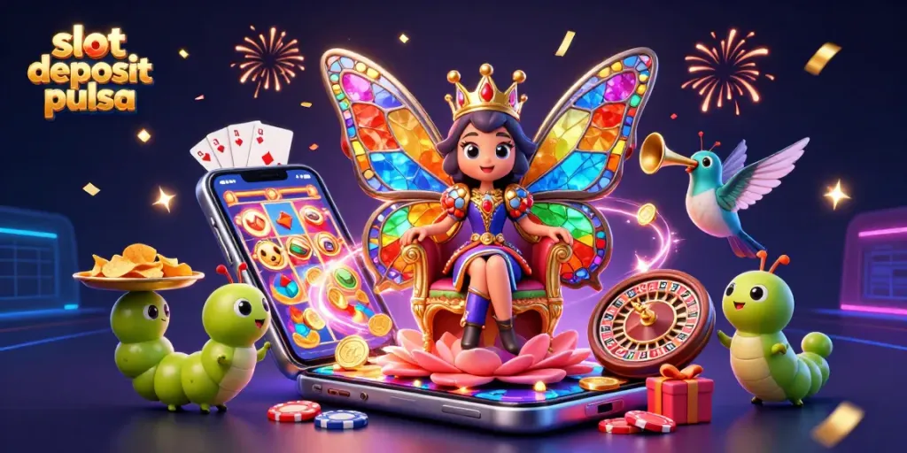 Experience slot deposit pulsa excitement with the enchanting butterfly queen in a vibrant casino scene.
