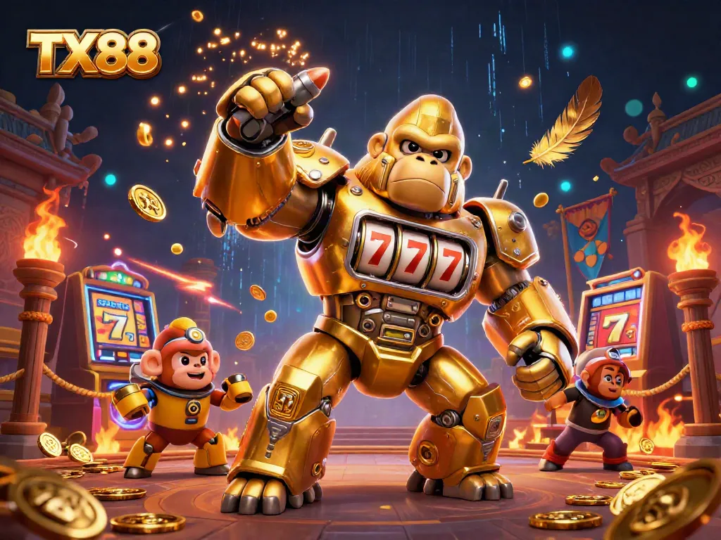 Experience thrilling action with TX88's dynamic casino illustration, vibrant with golden are and slot elements.