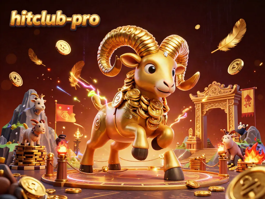 Hitclub-pro showcases vibrant 3D cartoon ram charging at a golden gate amidst swirling gold coins and party atmosphere.