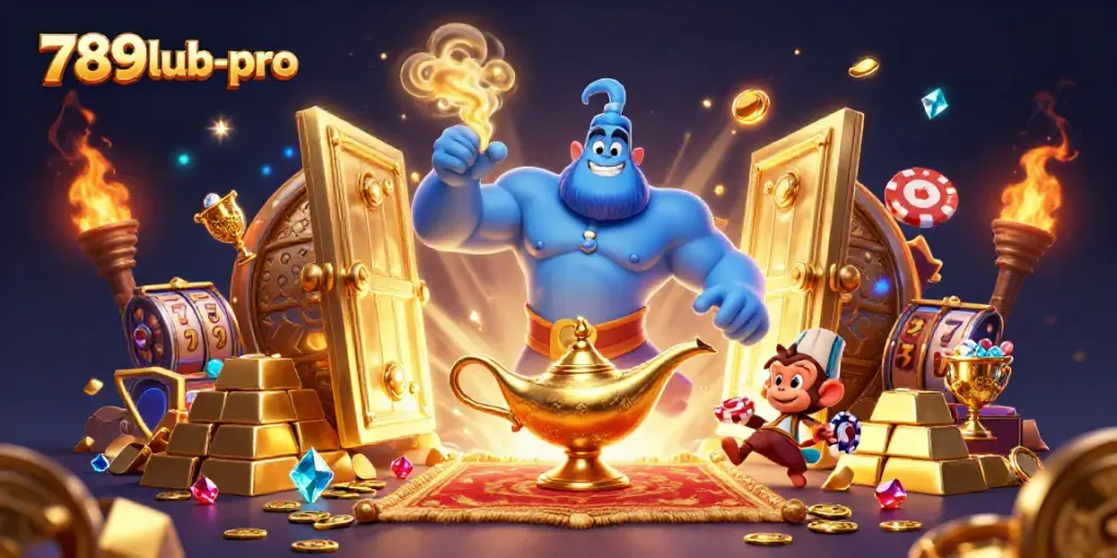 Engage with the dynamic scene of 789lub-pro featuring a genie, treasure vault, and casino elements