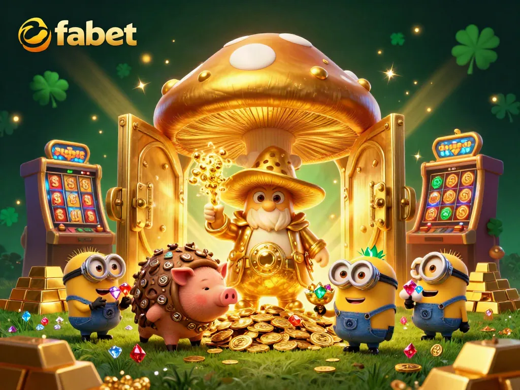 Experience winning magic with fabet as a golden wizard and treasure-hunting pig discover riches in a vibrant casino scene.