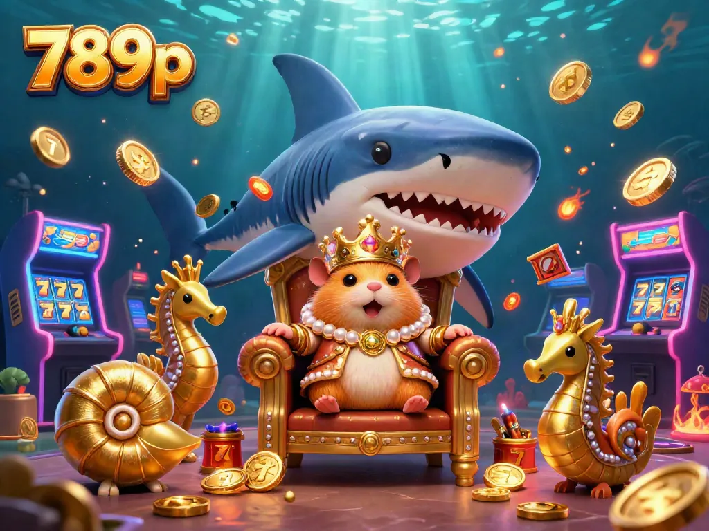 Experience 789p's vibrant online casino through a dynamic scene featuring a golden hamster king with slot machines, showcasing winning opportunities.