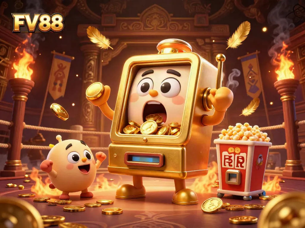 Celebrate a winning moment with FV 88 as golden coins cascade from a jubilant slot machine character.