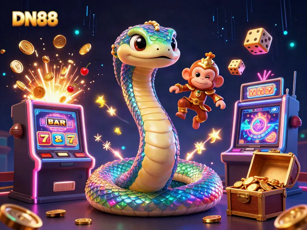 Experience the vibrant world of DN88 with the dazzling slot machine, rainbow serpent, and golden monkey king.
