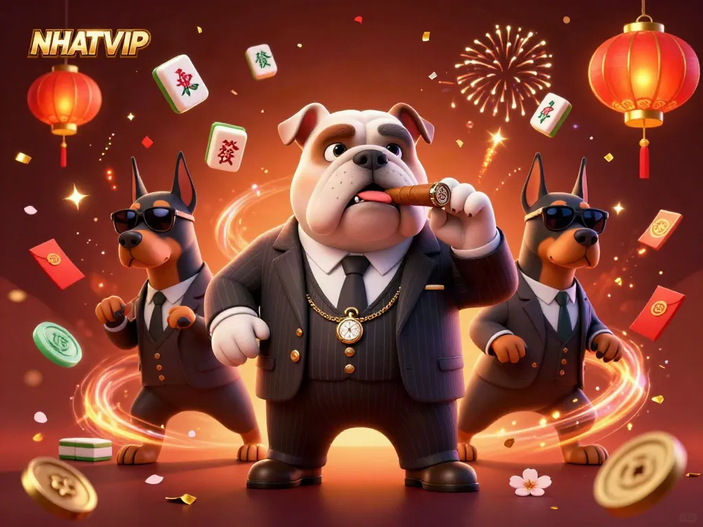 Experience the excitement of NHATVIP with a vibrant casino scene featuring the mafia boss bulldog and his bodyguards.