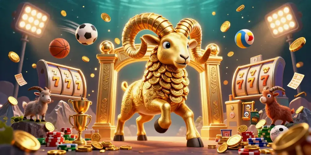 Experience thrilling gameplay at manclubs with a stunning 3D casino scene featuring golden ram and dynamic elements.